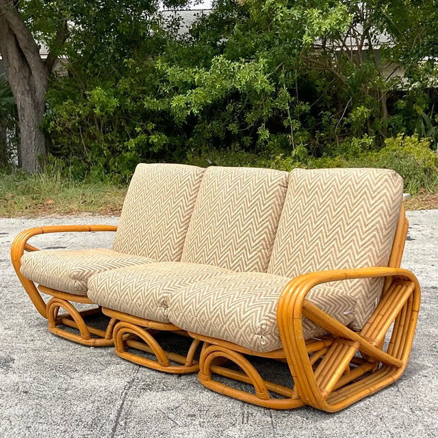 Paul Frankl Vintage Coastal Four Strand Bent Rattan Sofa After Frankl For Sale - Image 4 of 12
