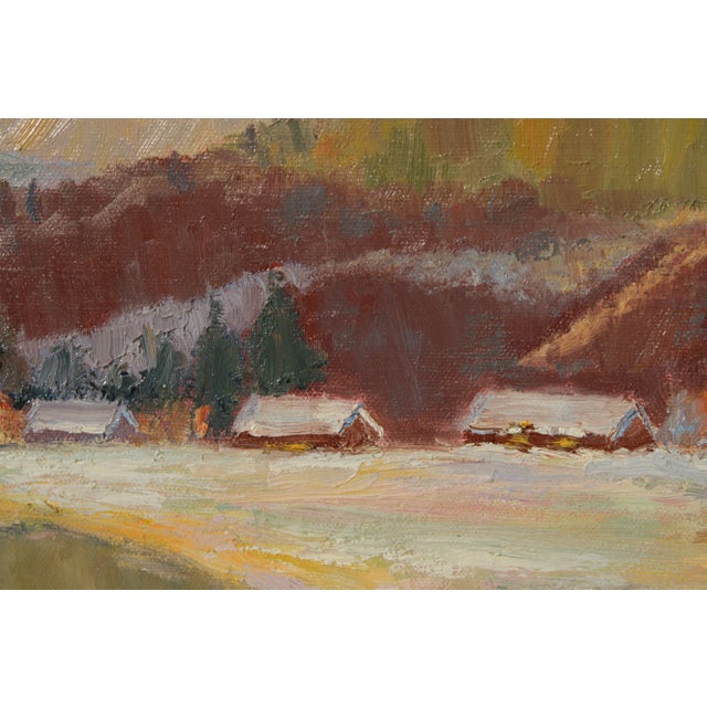 American 20th Century Winter Mountain Town Landscape Original Oil Painting by Ed Hall For Sale - Image 11 of 13