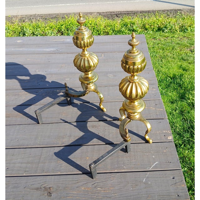 Metal Vintage Ornate Cast Brass Fireplace Andirons 1950s For Sale - Image 7 of 18