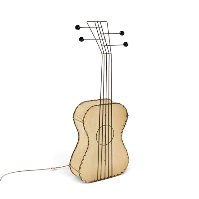 Paper Mid 20th Century Frederick Weinberg Mid Century Black Wire and Parchment Guitar Lamp For Sale - Image 7 of 8