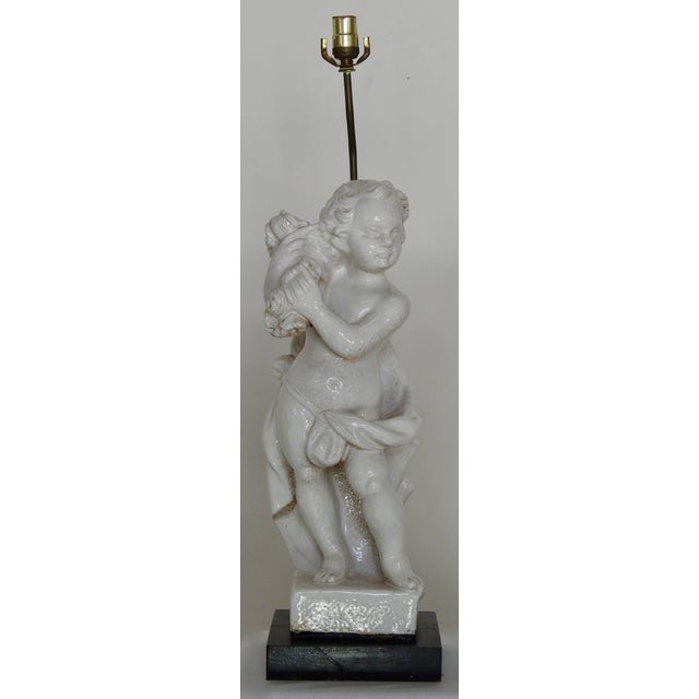 Art Nouveau 20th Century Pair of White Glazed Terracotta Cherub Lamps on Wooden Bases For Sale - Image 3 of 10