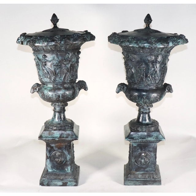 Antique Neoclassical Pompeian-Style Patinated Bronze Urns - a Pair For Sale - Image 12 of 12