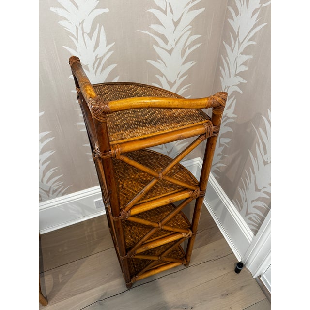 Vintage Woven Rattan and Bamboo Four-Tier Corner Shelf Unit. For Sale In New York - Image 6 of 11