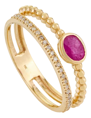 Ruby & Diamond Beaded Double Band Stacking Ring Size 5.5 Set in 14k Yellow Gold
