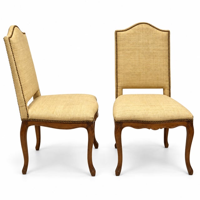 1980s Louis XV Style French Style Side Chairs in Grasscloth W/ Brass Nailheads Att. To Grange - Pair For Sale - Image 5 of 8