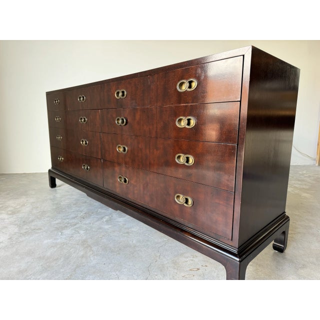 Hollywood Regency 70's Hollywood Regency Michael Taylor for Henredon Mahogany Dresser With Brass Hardware/Sold For Sale - Image 3 of 12