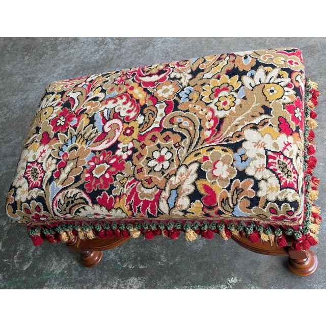 Vintage English Jacobean Style Walnut Needlepoint Upholstered Bench With Scalamandré Tassel Fringe For Sale In Chicago - Image 6 of 7