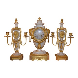 19th Century French Onyx and Bronze Clock Set - 3 Pieces For Sale