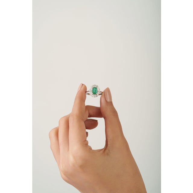 Natural Emerald Pear Diamond Halo Art Deco Ring Size 9 in 14k White Gold For Sale - Image 9 of 16
