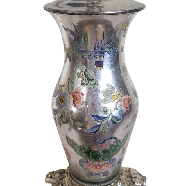 Metal Antique Asian Reverse Painted Mercury Glass Vase as Lamp For Sale - Image 7 of 13