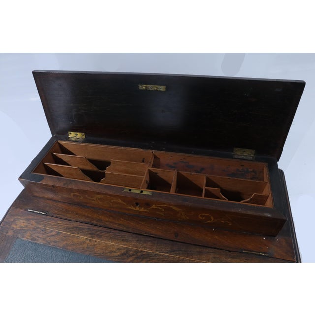 Mid 19th Century Beautiful Antique Rosewood Marquetry Writing Desk With Dual Flip Tops, Drawers & Wheels For Sale - Image 4 of 13