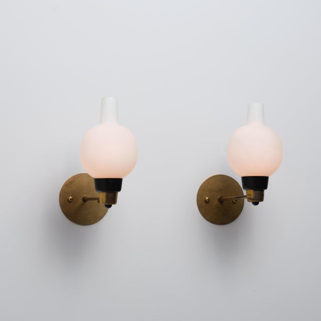 Vintage Italian Sconces in Brass and Opaline Glass, 1950s, Set of 2 For Sale - Image 6 of 12