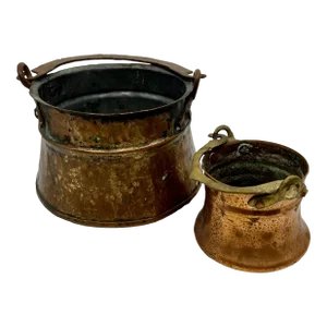 Early 20th Century Two Vintage Greek Hand Forged Tin Lined Copper Cauldrons - Set of 2