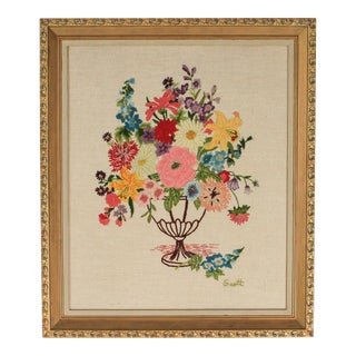 Framed Floral Crewel Embroidery Wall Hanging For Sale