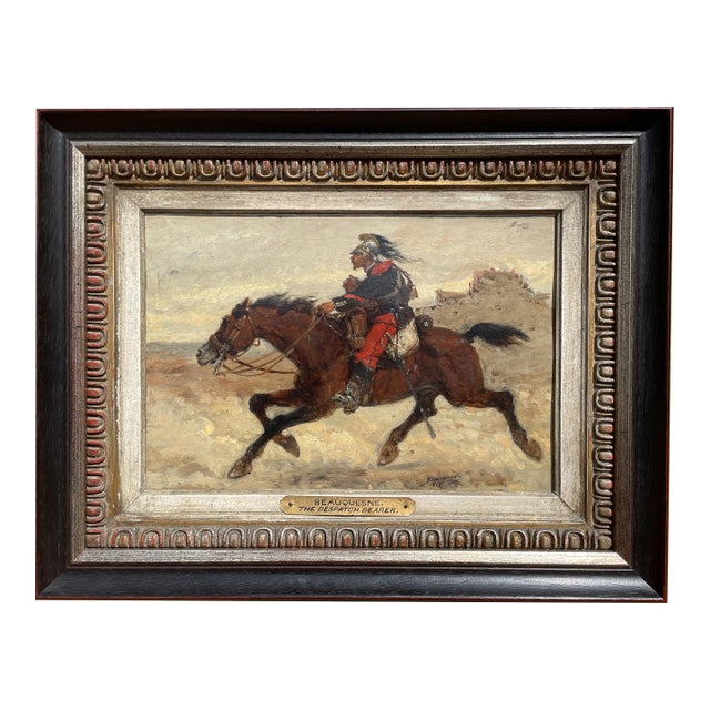 Antique French Oil Painting Army Cavarly Soldier Horse Military Despatch Bearer by Wilfred Constant Beauquesne, 1883 For Sale