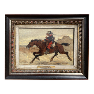 Antique French Oil Painting Army Cavarly Soldier Horse Military Despatch Bearer by Wilfred Constant Beauquesne, 1883