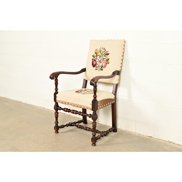 English Berkey & Gay Style Antique English Jacobean Carved Walnut Library Chair, Circa 1900 For Sale - Image 3 of 14