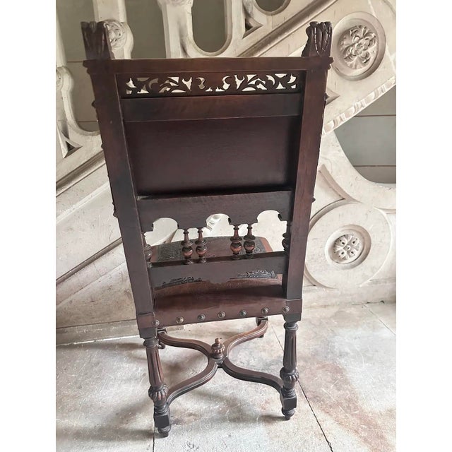 Antique French Henri I| Walnut & Leather Dining Chair, Lion Carvings, Loire Valley, 1880 For Sale - Image 9 of 9