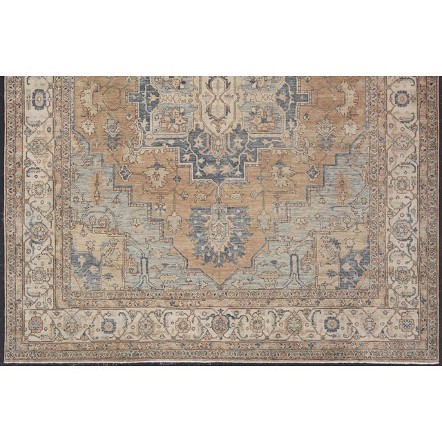 Large Serapi Design Rug With Camel Field and Blue Medallion Pattern 12'3"x14'7" For Sale - Image 10 of 17