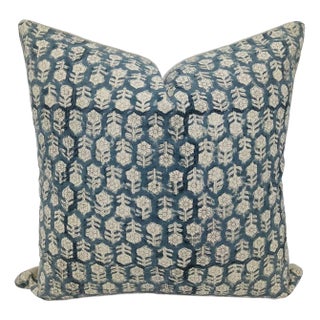 Tulsi Buti Block Printed Pure Linen Throw Pillow Cover 16x16 Inch For Sale