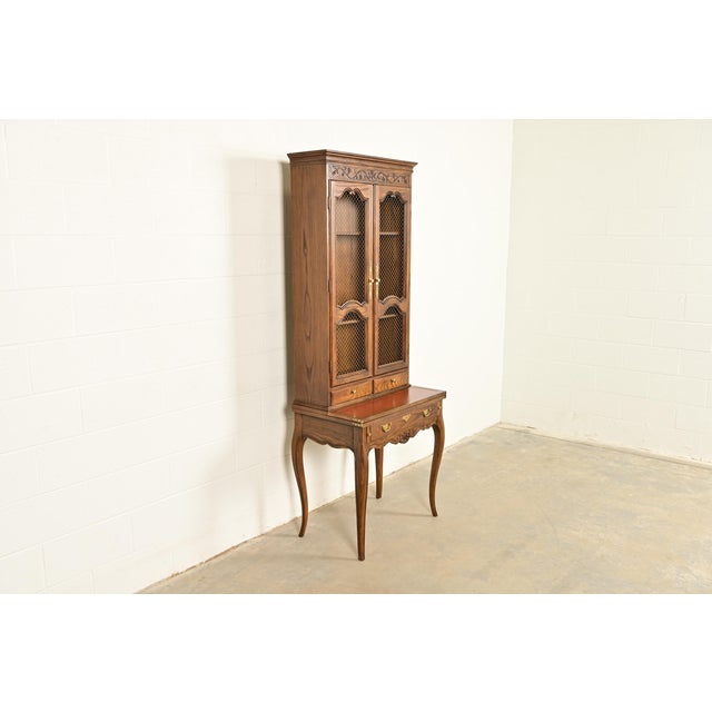 Baker Furniture Company Baker Furniture French Provincial Louis XV Carved Oak Secretary Desk With Bookcase Hutch, Circa 1960s For Sale - Image 4 of 17