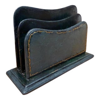 Vintage Dark Green Leather Letter Rack Mail Sorter For Sale