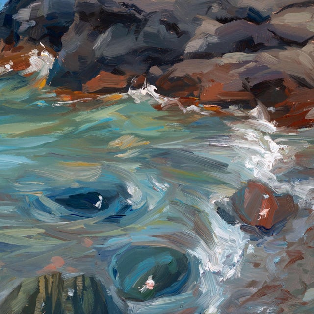 Presque Isle (Day 83) June 7, 2022 by Primary Hughes | Oil on masonite Seascape with rocky shore For Sale - Image 4 of 5