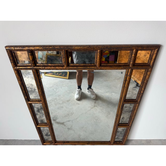1970s Hollywood Regency Faux Bamboo Carved Wall Mirror With Tortoise Shell Finish/Sold For Sale - Image 5 of 11