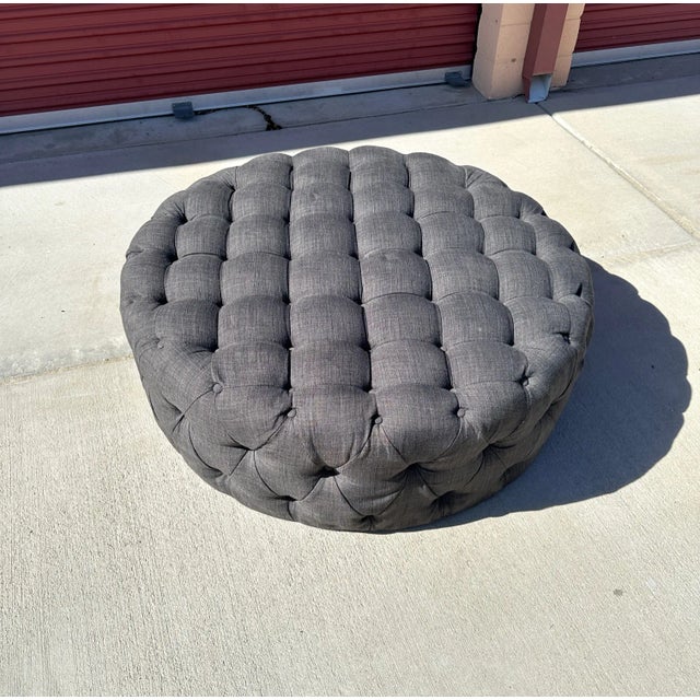 Large Round Gray Tufted Ottoman/Coffee Table. Perfect farmhouse look, RH style. Great for the family room or even a large...