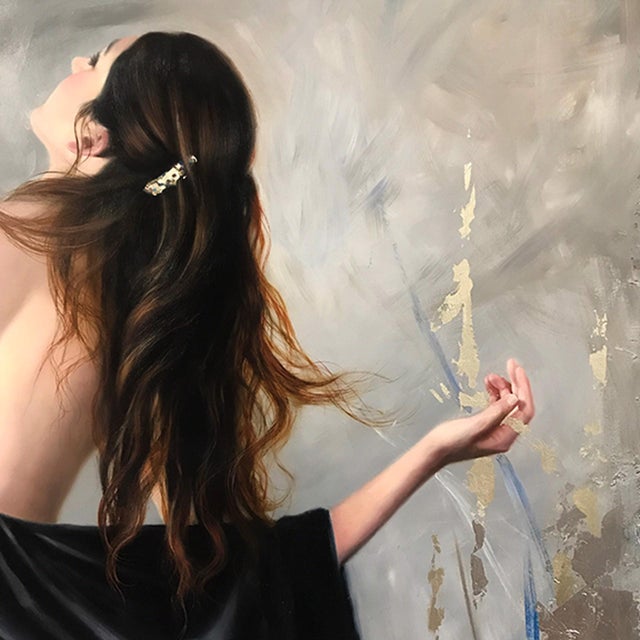 Emergence by Brian O'Neill | Oil on panel with White Gold and Silver Leaf woman in flowing black robe For Sale - Image 4 of 5
