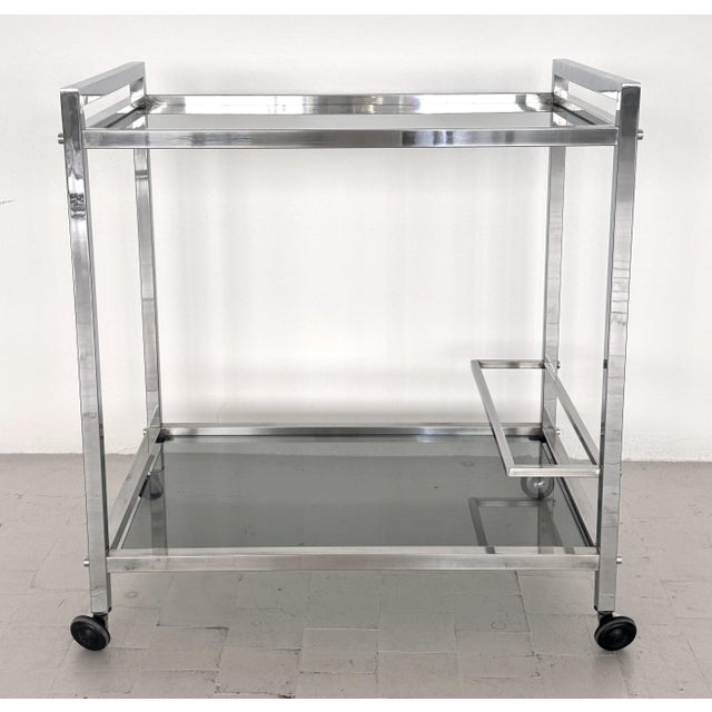 Mid-Century Modern Mid-Century Italian Chrome and Glass Two Tier Rolling Bar Cart, 1970s For Sale - Image 3 of 17