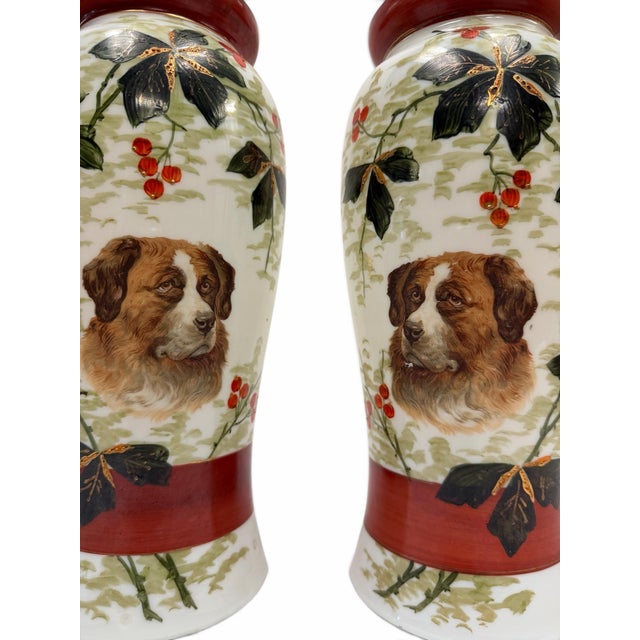 White Antique Meiji Period Japanese Kutani Porcelain Dog & Berries Vases - A Pair For Sale - Image 8 of 8