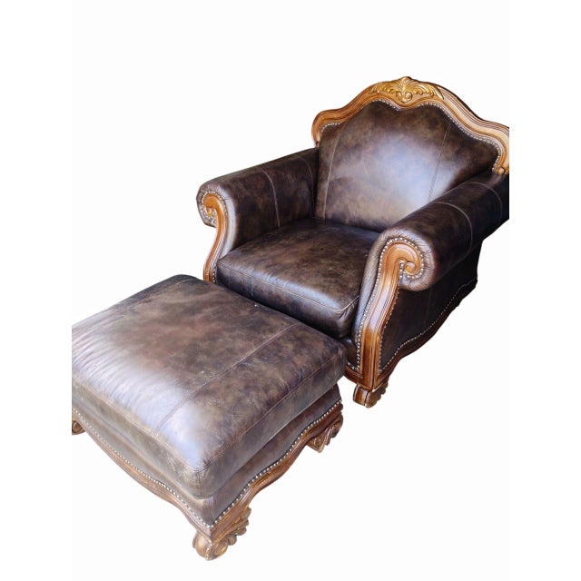 Indulge in the Rich Heritage and Exquisite Craftsmanship of the Aria Leather Chair and Ottoman Set. For Sale - Image 4 of 12