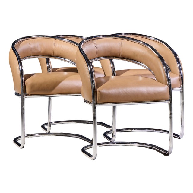Giotto Stoppino Style Mid Century Chrome and Leather Dining Chairs - Set of 4 For Sale