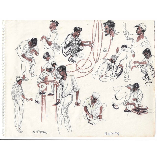 Painting on paper by English artist Ivy Attwell (1895-1985) of sailors or fishermen working on rigging sails. Attwell...