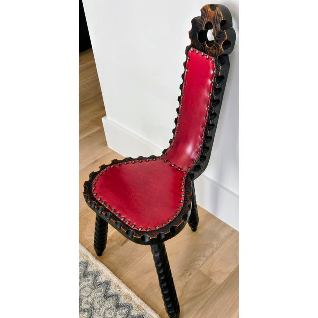 Mid 20th Century Vintage Spanish Brutalist Tripod Chair With Red Leather Upholstery For Sale - Image 5 of 14
