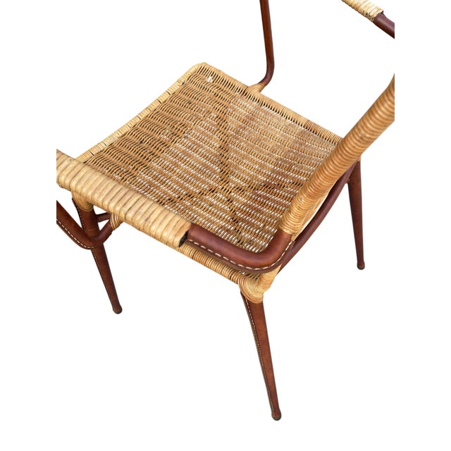 Stitched Leather and Rattan Armchairs by Jacques Adnet, 1950s, Set of 2 For Sale - Image 9 of 10