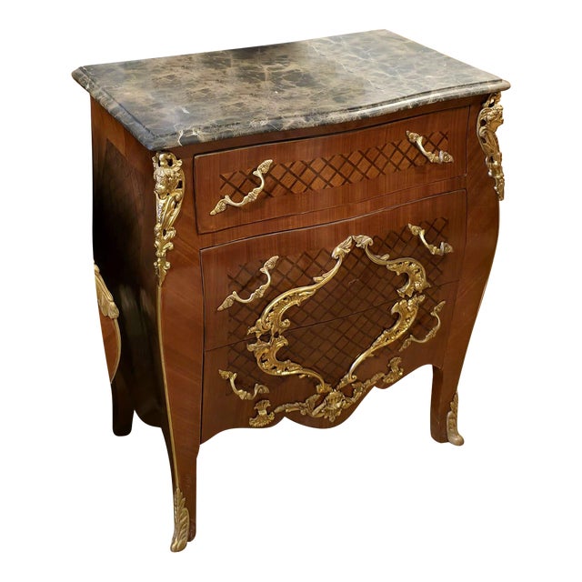 Louis XV Marble Top Nightstand With Gilt Bronze Mounts & Parquetry Inlay For Sale