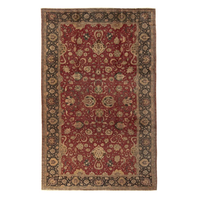 Textile Hand-Knotted Antique Hereke Rug in Red, Beige-Brown Floral Pattern, Black Border For Sale - Image 7 of 7