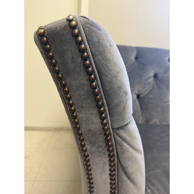 2010s Ethan Allen Blue/Gray Tufted Shelton Sofa With Nailhead Trim For Sale - Image 5 of 12