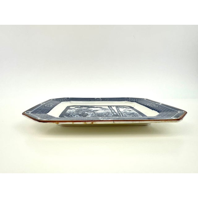 1970s Antique Blue White Octagonal Dish Bamboo Floral Trinket Plate For Sale - Image 5 of 8