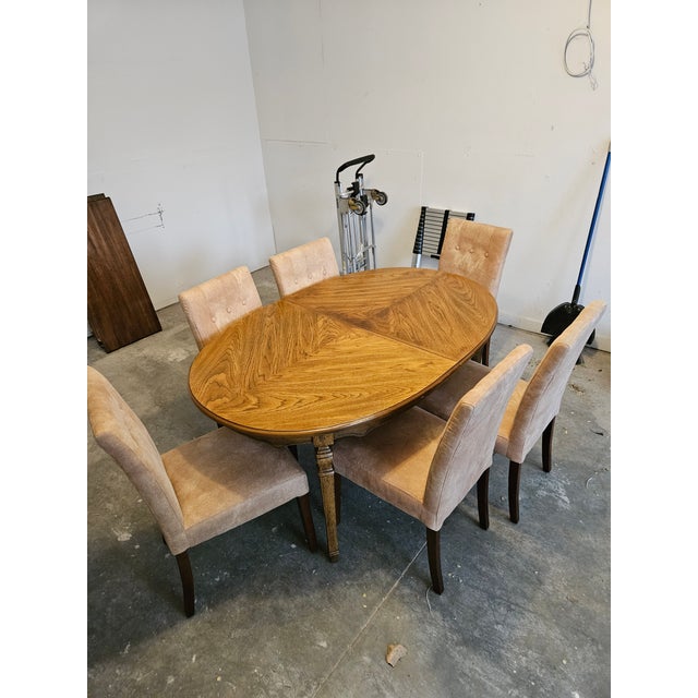 Vintage Oak Oval Extension Dining Table With 6 Tufted Upholstered Chairs For Sale - Image 4 of 4