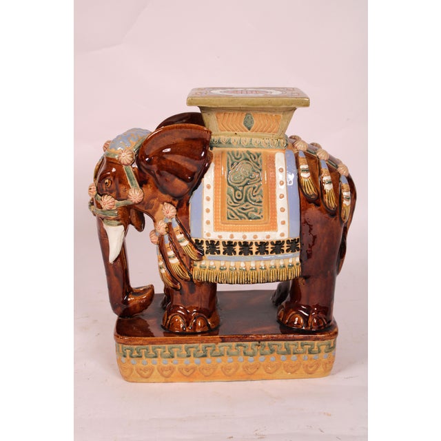 Chinoiserie Pair of Polychrome Decorated Stoneware Elephant Form Garden Seats /Tables For Sale - Image 3 of 11