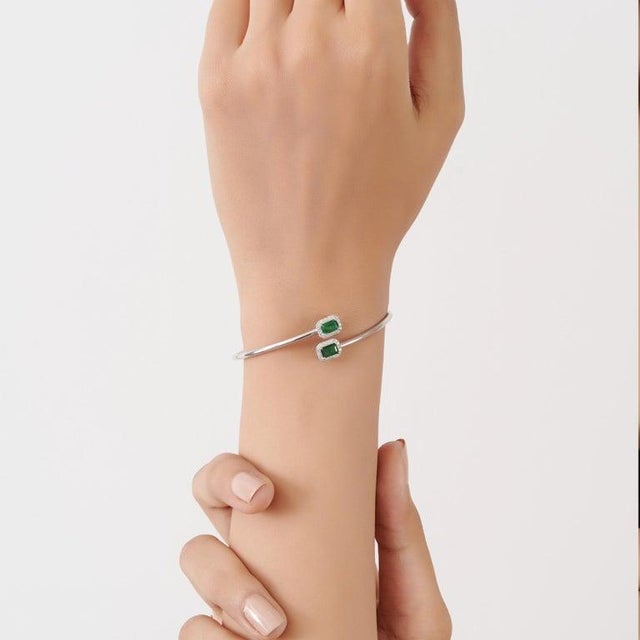 Green Fine Two-Stone Emerald & Diamond Bangle Bracelet in Sterling Silver For Sale - Image 8 of 13