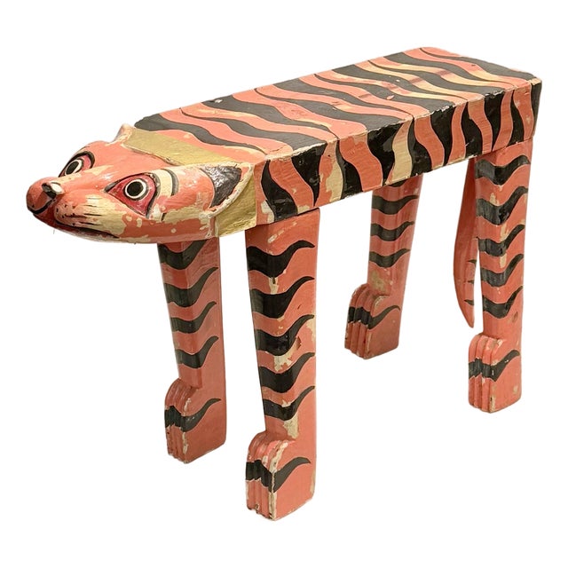 Mid-Century Artist Signed Carved Folk Art Tiger Footstool For Sale