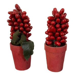 Antique Early 20th Century German Christmas Ornaments Paint Decorated Red Holly Berry Topiary Trees in Carved Wood Pots - a Pair