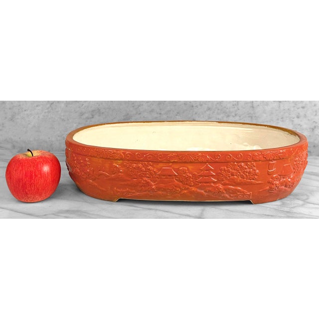 - Original Traditional Japanese Orange Ceramic Bonsai Planter - 16" Oval - Vibrant Orange-Red Painted Exterior with...