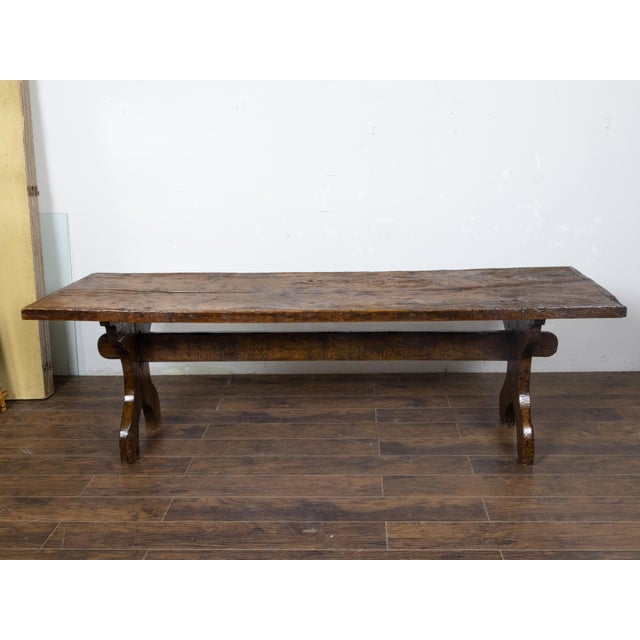 Italian 1800s Walnut Farm Table with Carved Legs, Stretcher and Weathered Patina For Sale In Atlanta - Image 6 of 12