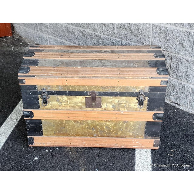 Brown Antique Victorian Era Metal & Wooden Strap Steamer Dome Top Travel Trunk Chest , 1890s For Sale - Image 8 of 12