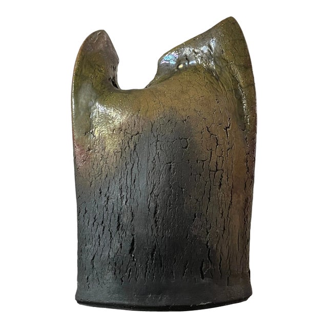 1970s Vintage Postmodernist Raku Slab Stoneware Vessel by Geraldine Shapiro, Signed For Sale